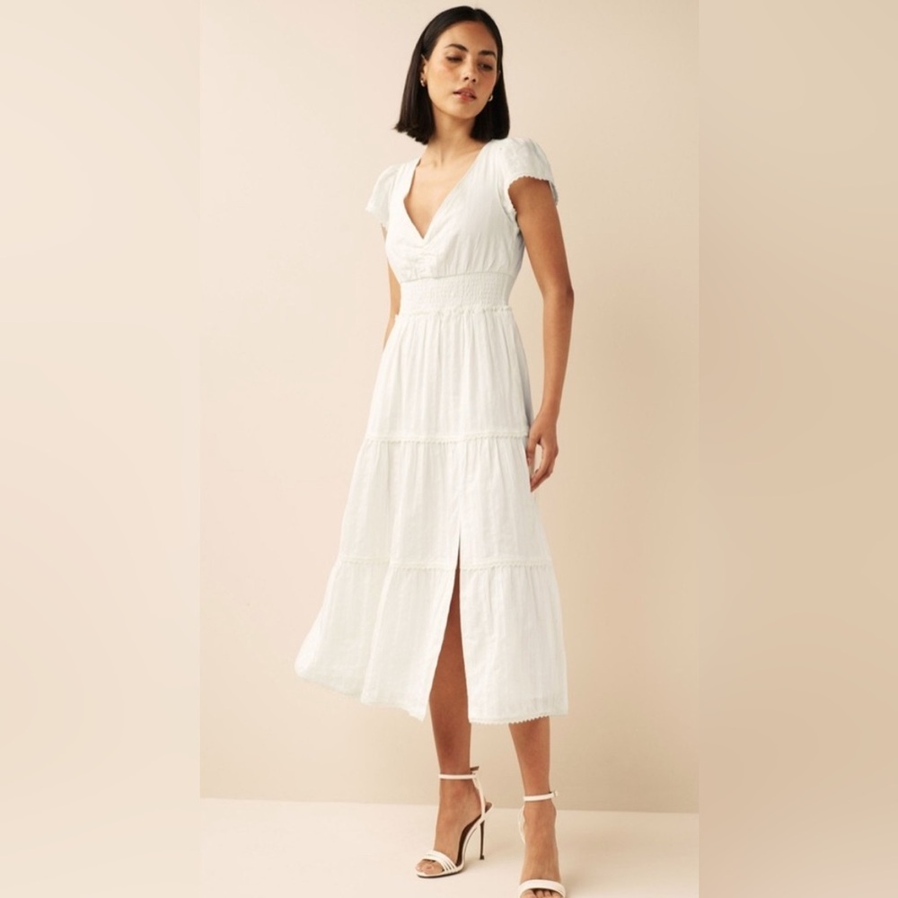 Paige Soledad white tiered dress textured cotton midi dress sz XS